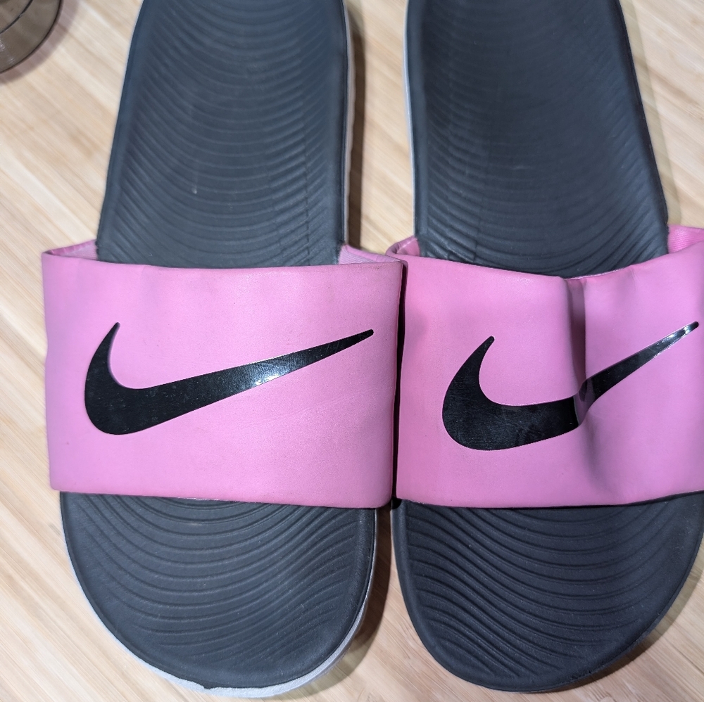 Nike Pink and Black Slide Sandals Size 5Y